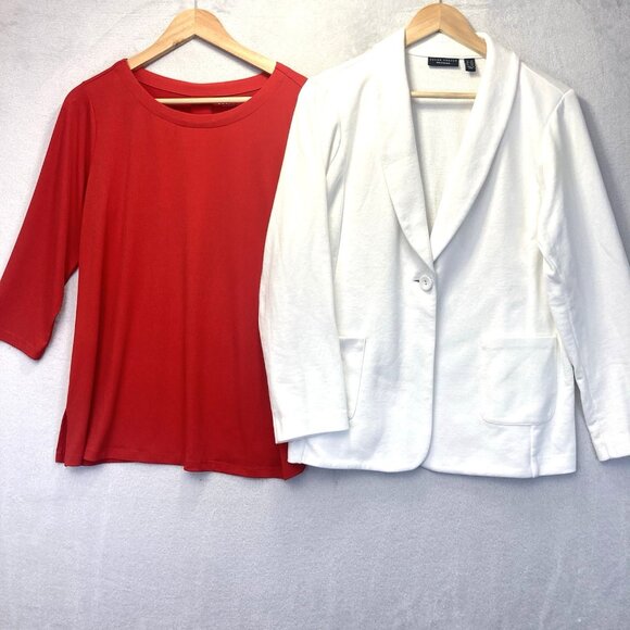 Lot of 2 Susan Graver Shirts Womens PL Petite Large Red White Cardigan Stretch - Picture 1 of 16